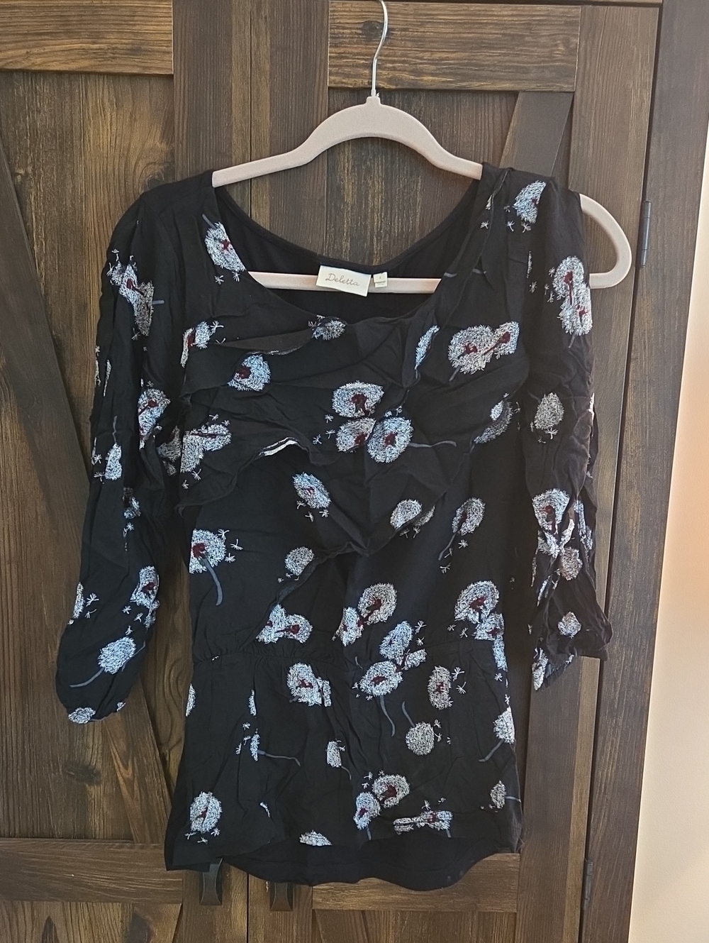 Deletta Black Floral Long Sleeve Ruffle Blouse